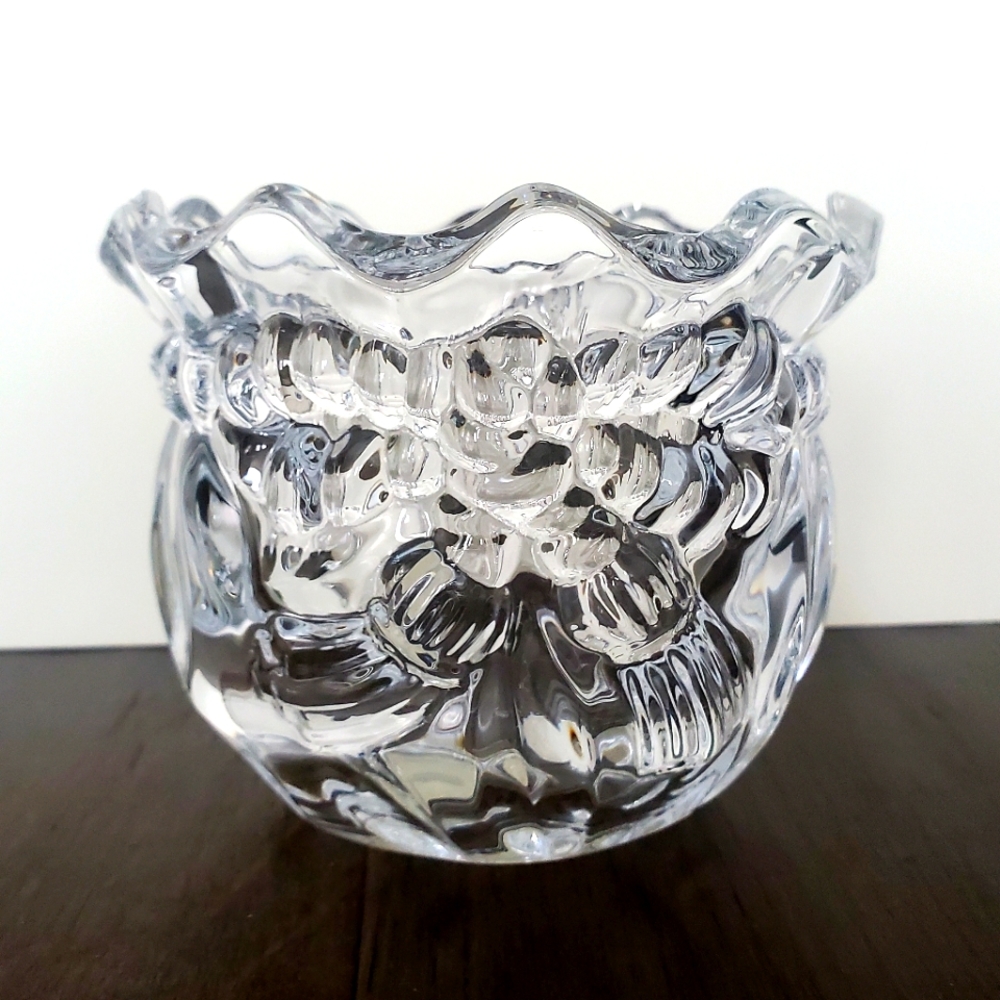 CRYSTAL Bag Full Candy Dish Bowl Scalloped Rim Sack & Tassel Rope Tie Holiday